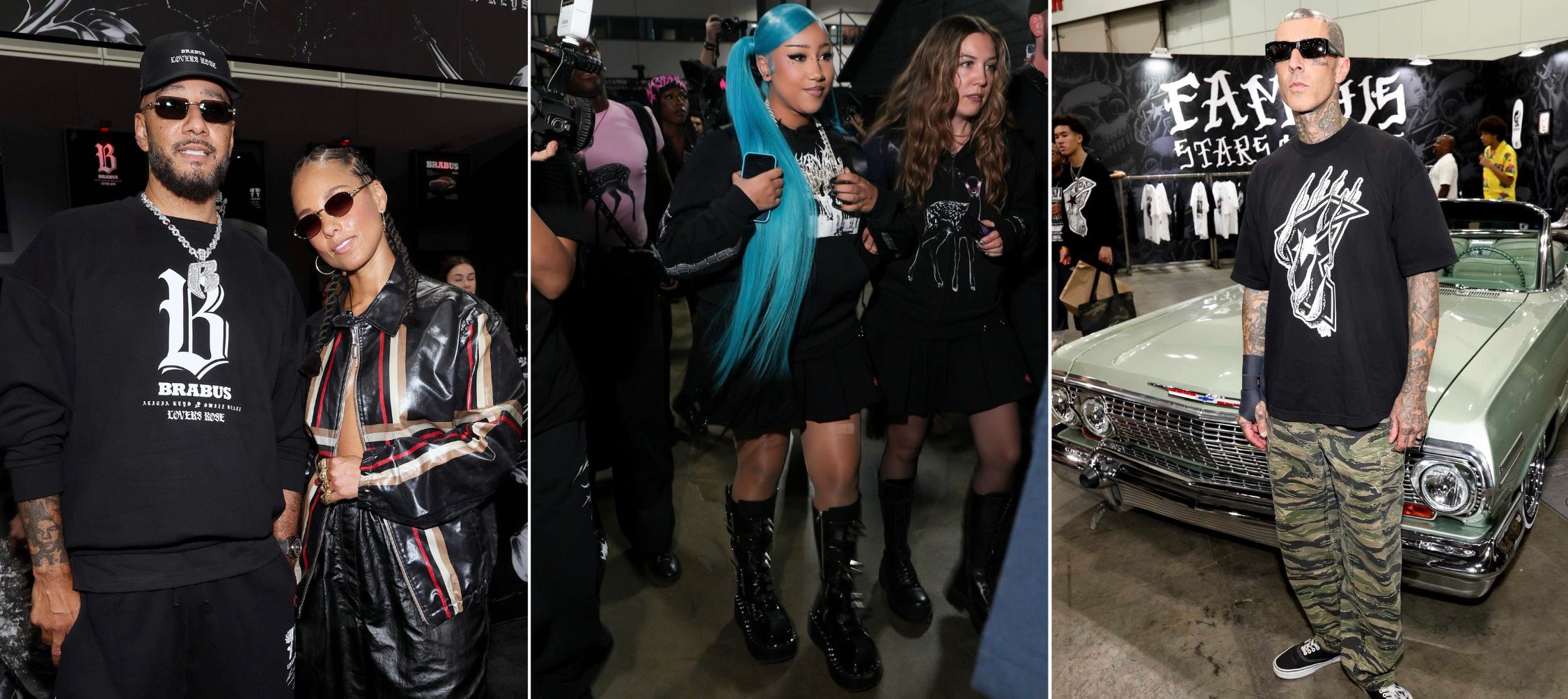 A collage of three images of: (L-R) Swizz Beatz and Alicia Keys, North West, and Travis Barker attend ComplexCon 2026 10-Year Anniversary Festival at The Los Angeles Convention Center on October 04, 2026 in Los Angeles, California.