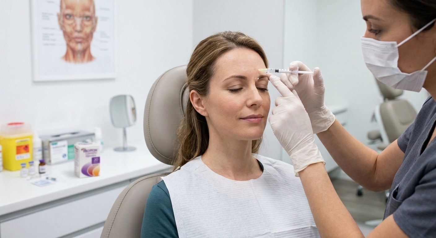 An image of an attractive white woman getting Botox injections in her forehead.