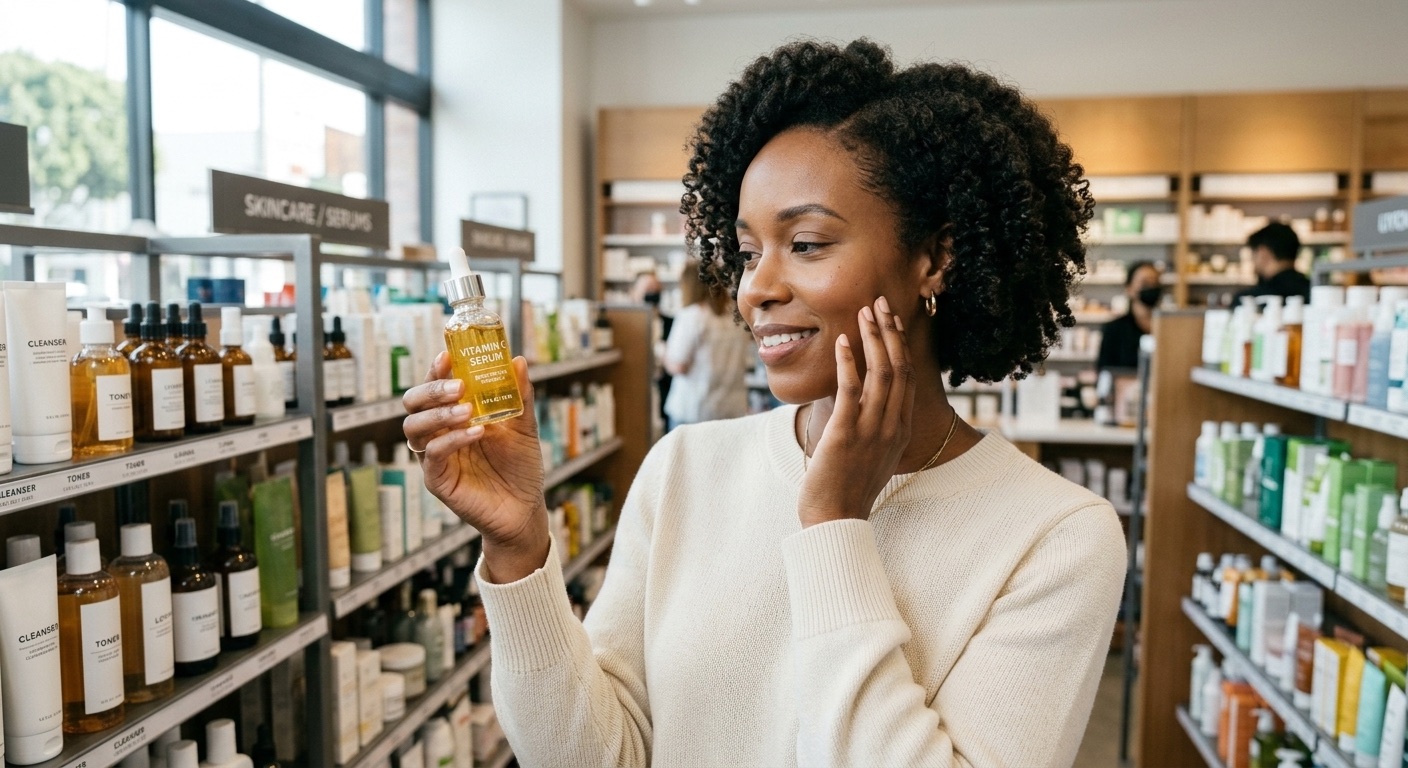 An image of an attractive black woman in a skincare aisle of a store holding a vitamin c serum