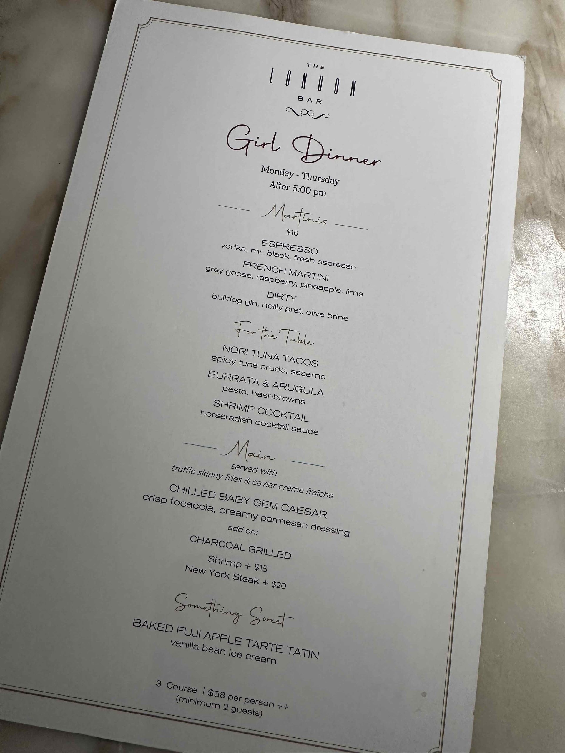 An image of The Girl Dinner menu at The London West Hollywood at Beverly Hills