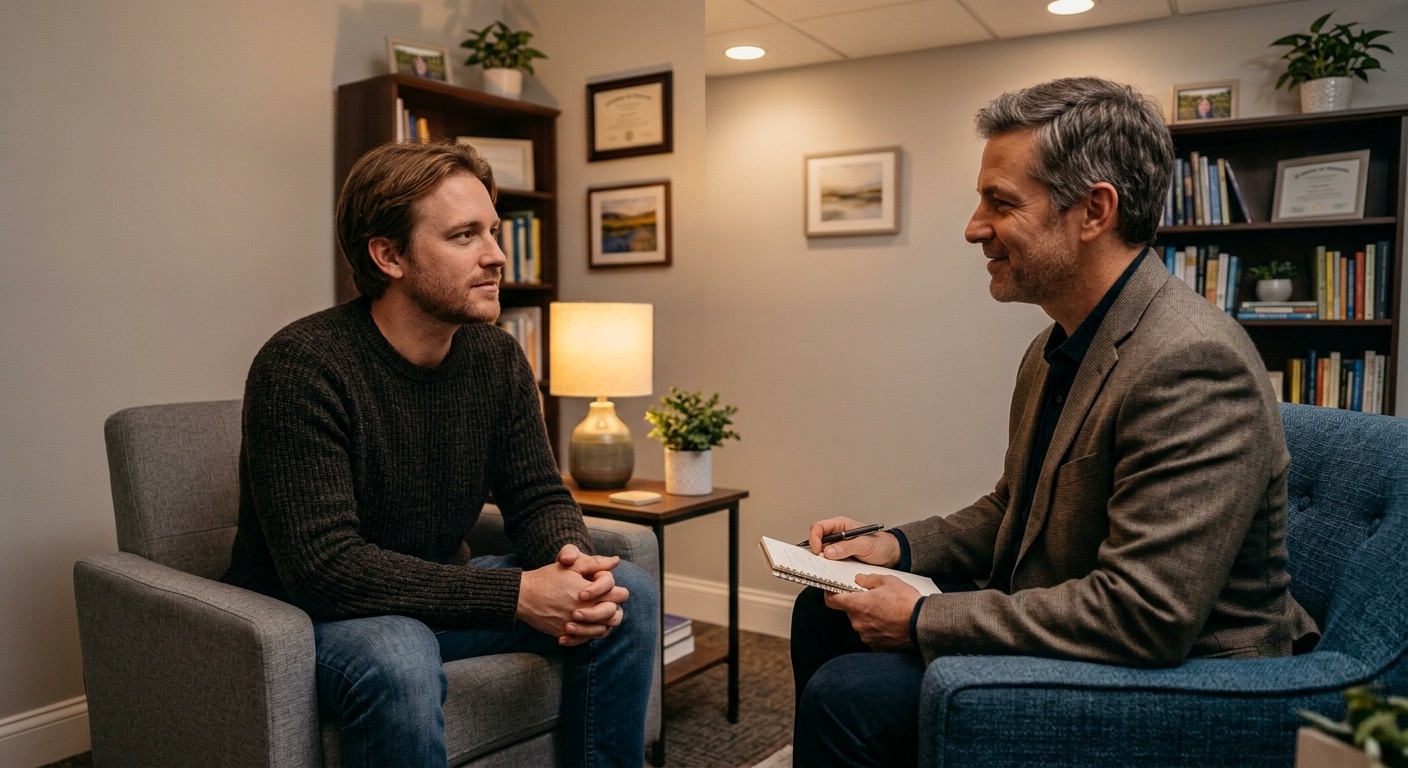An image of a patient meeting with his psychiatrist