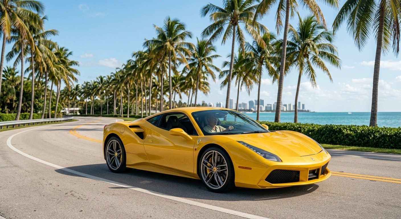 An image of a yellow sports car driving in Miami