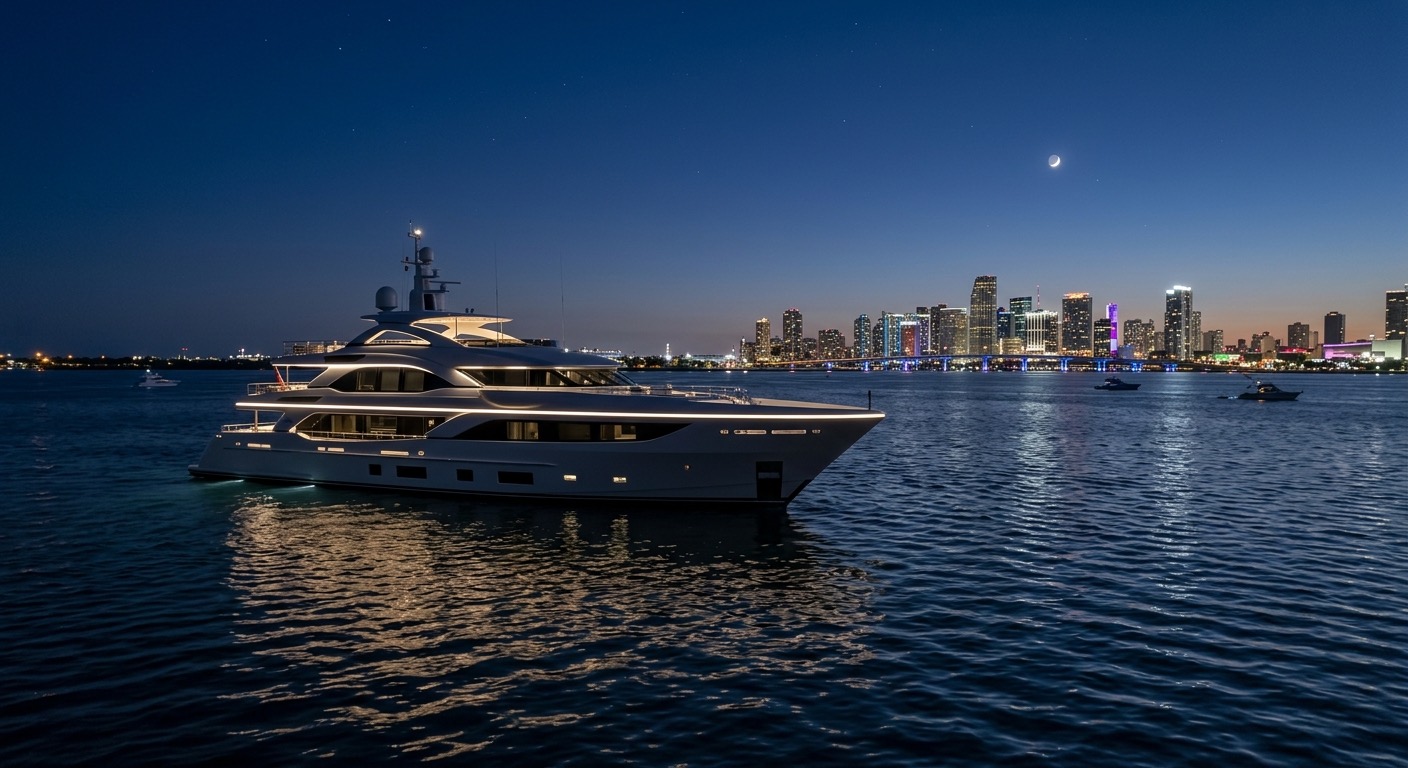 An image of a yacht at sail for a night cruise in Miami.