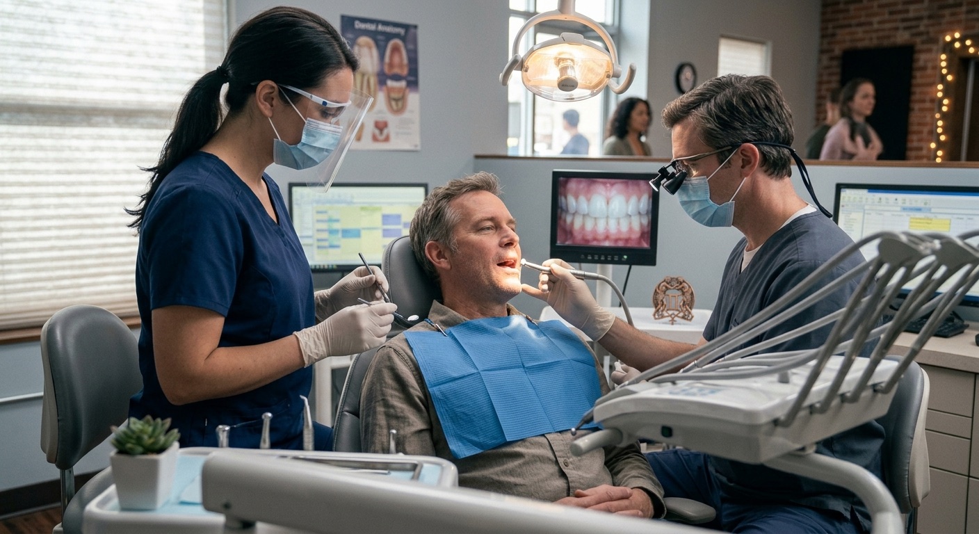 An image of a man having a dental exam.