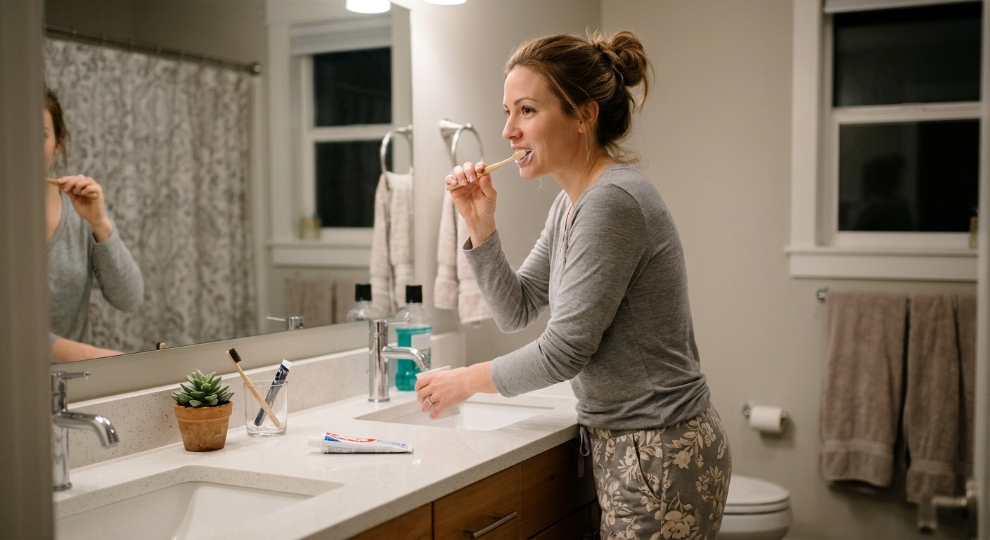 An image of a woman brushing her teeth in her pajamas.