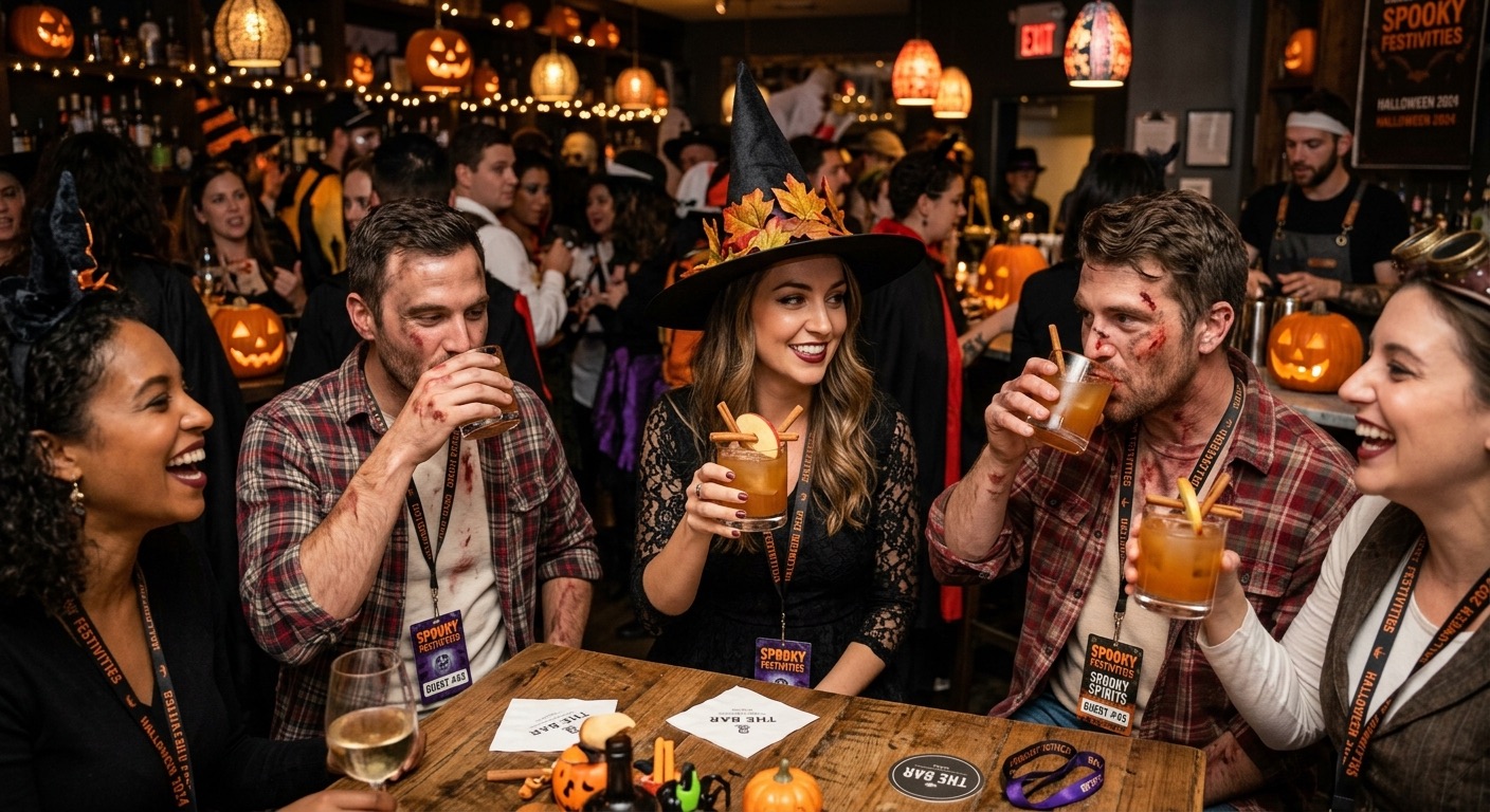 An image of a group of people out for Halloween in costume at a bar.