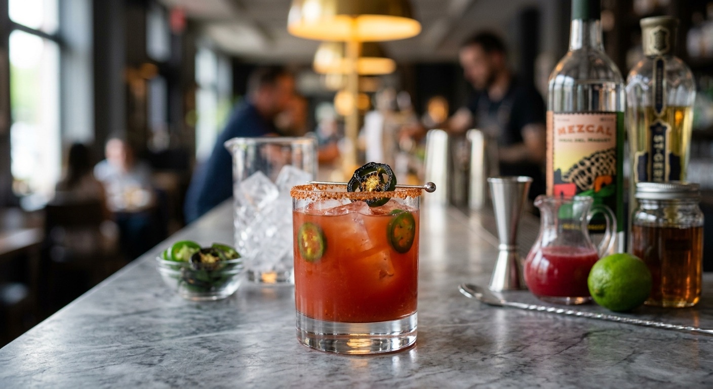 An image of a cocktail with jalapeno garnish on a bar.