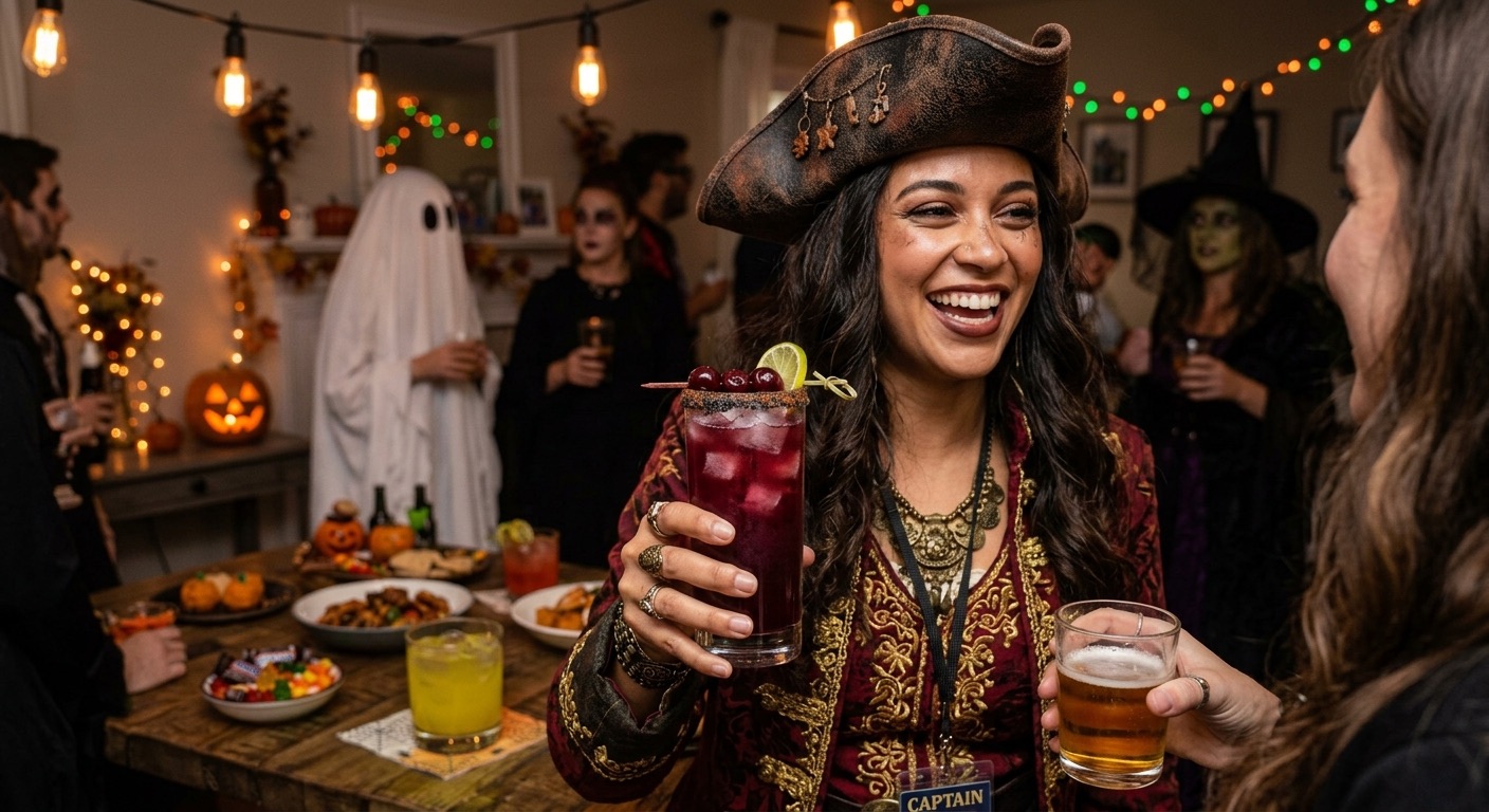 An image of a woman in a pirate Halloween costume at a Halloween party.