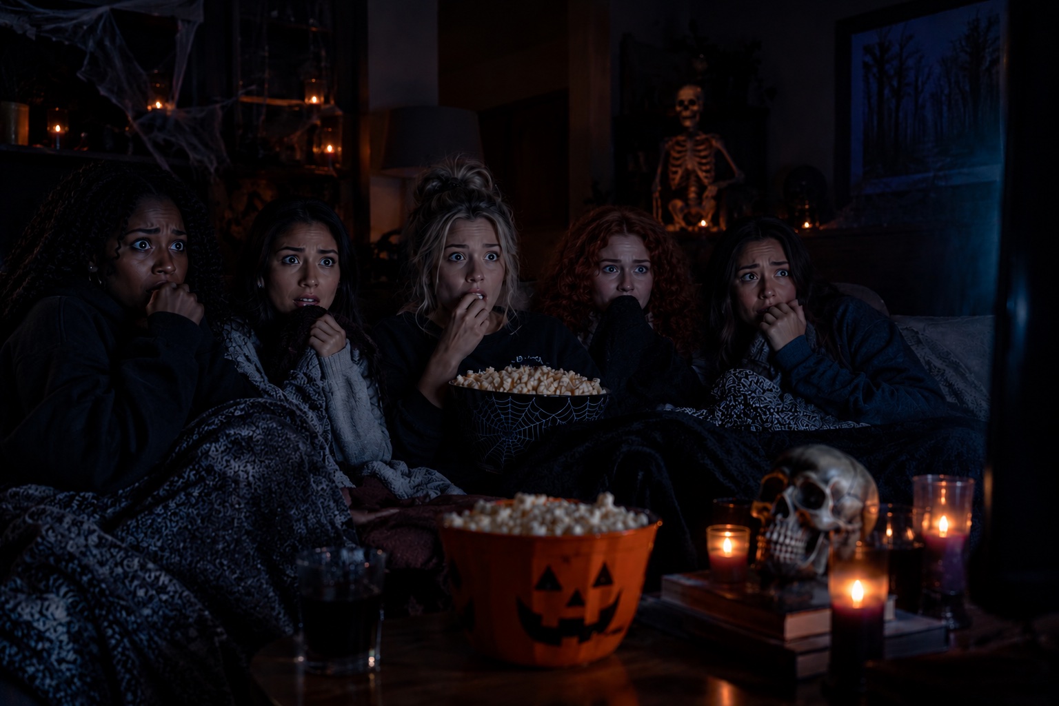 An image of a group of women sitting in the dark watching scary movies.