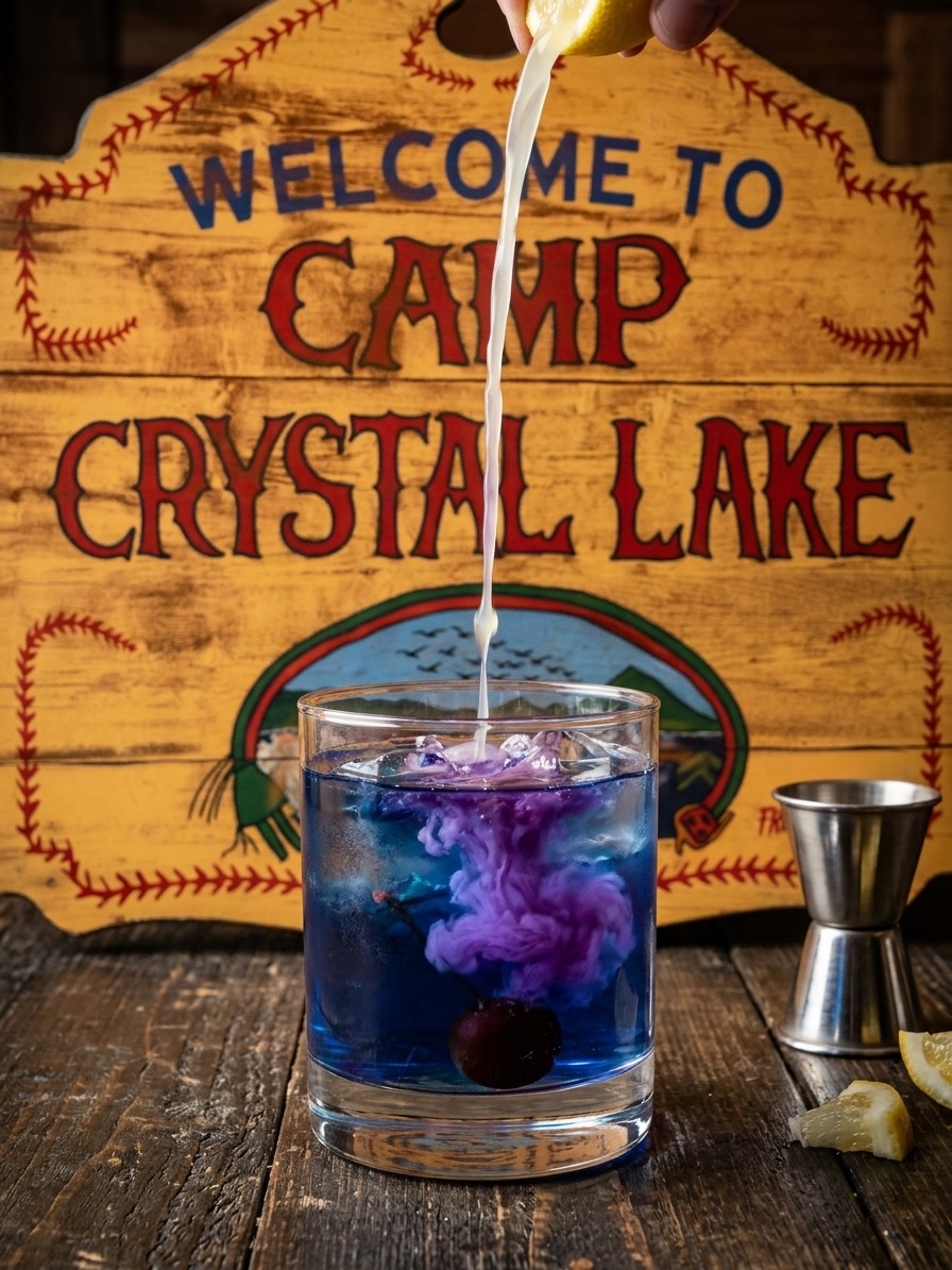 An image of the Camp Crystal Lake sign with a cocktail in front of it.