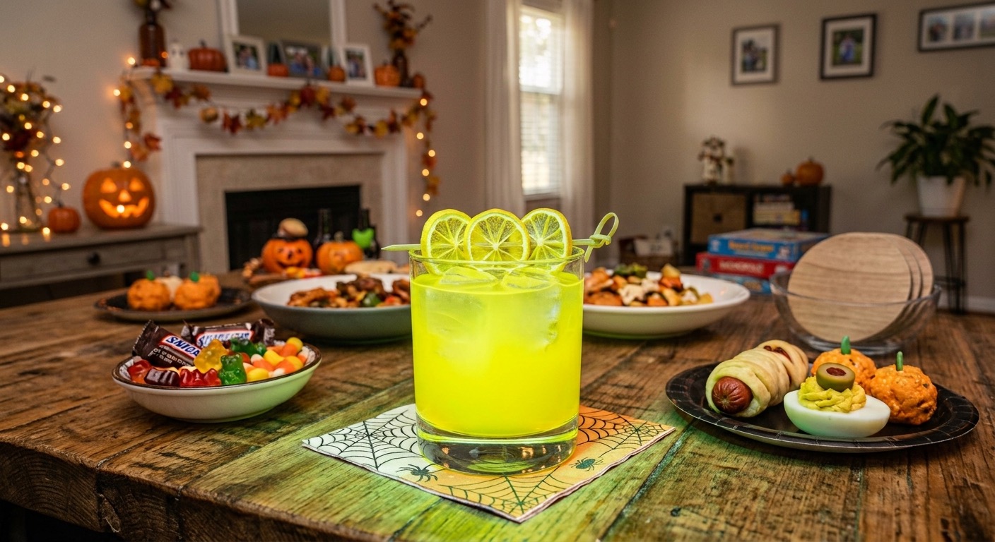An image of a Halloween cocktail on a table with food and Halloween candy.