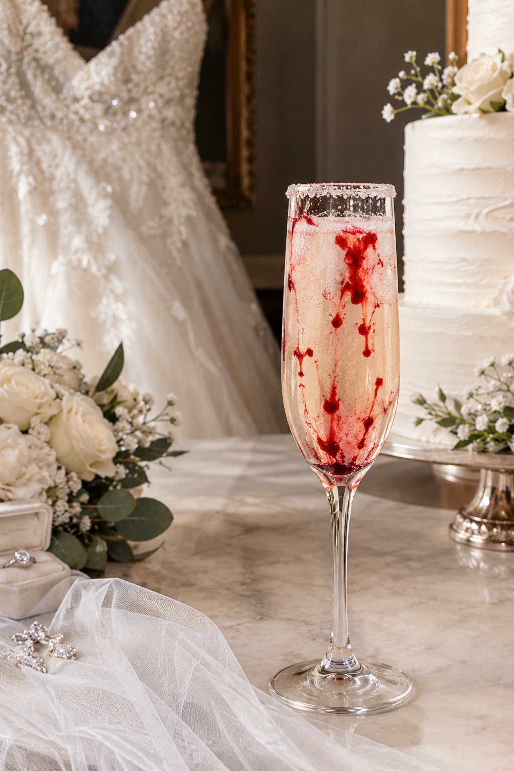 An image of a cocktail with a wedding dress and wedding cake.