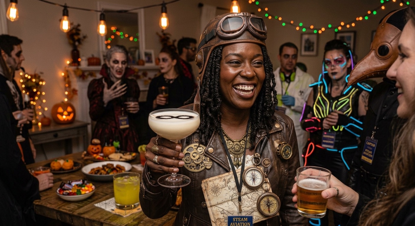 An image of people at a Halloween party and a guest holding a cocktail.