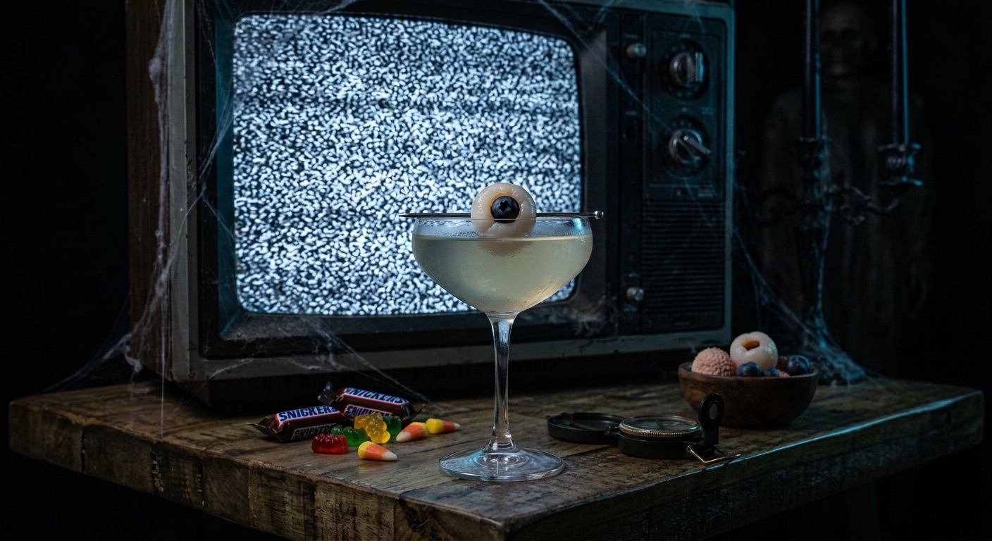 An image of a cocktail with a fake eyeball as the garnish.