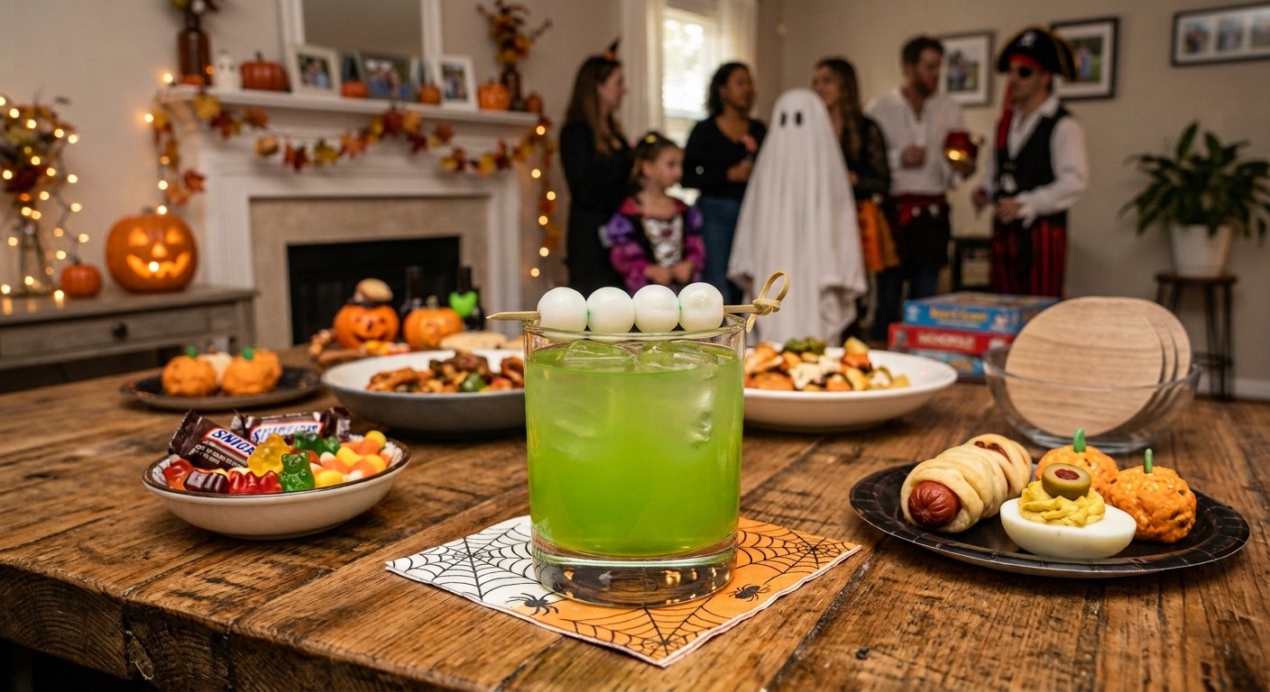 An image of a lime green cocktail on a table with food and Halloween candy.