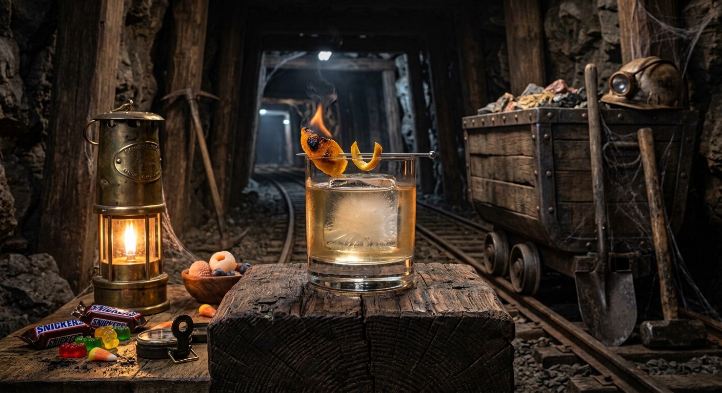 An image of a cocktail in a mine with Halloween candy near it.