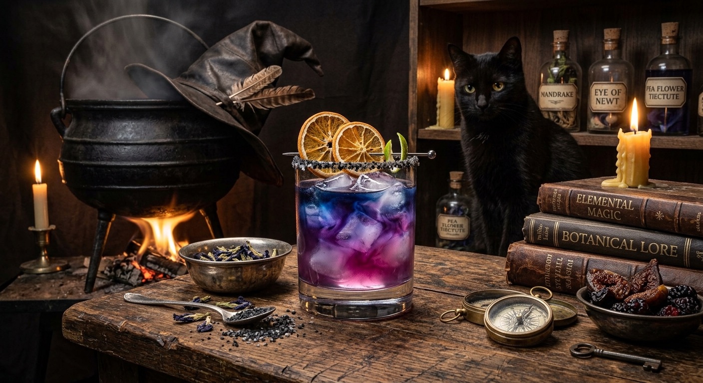 An image of a cocktail in a witch't lair with a cauldron and a black cat.