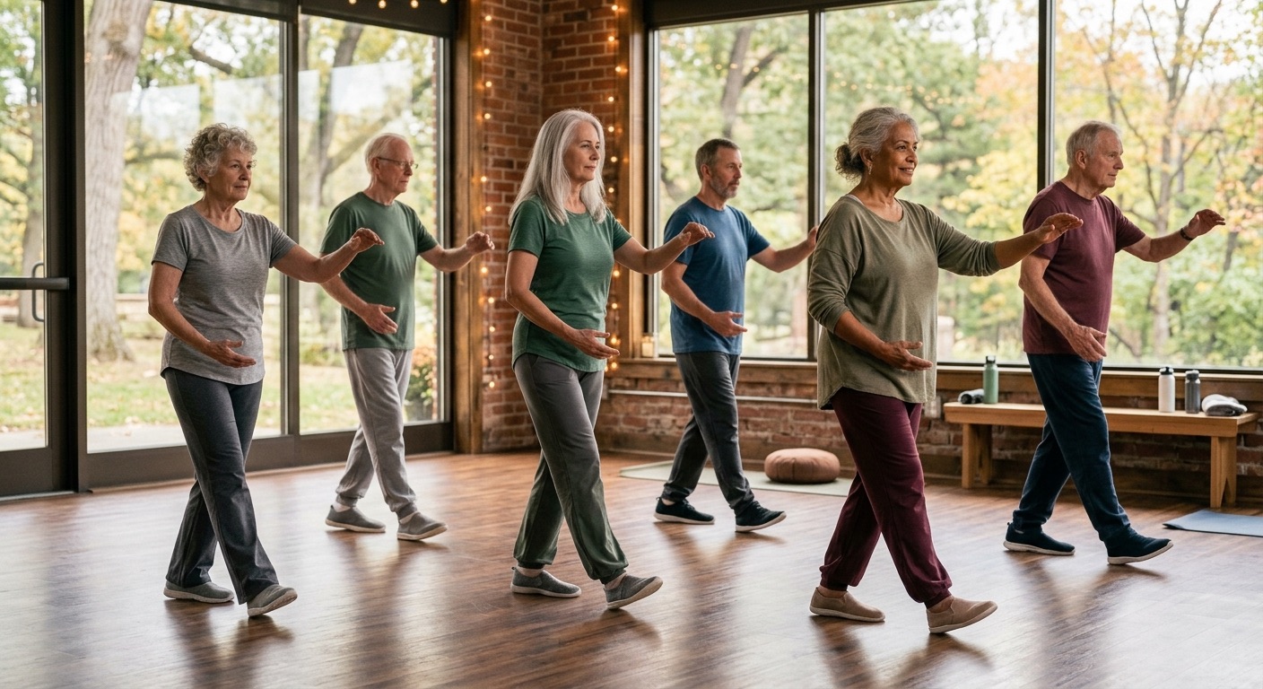 An image of a group of seniors doing a tai chi walking class.