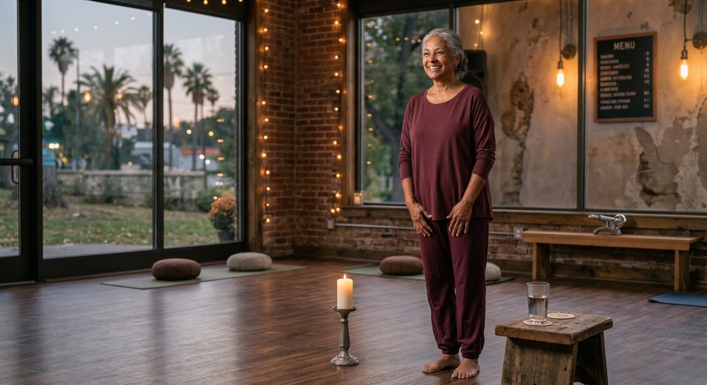 An image of a woman doing a tai chi walking class.