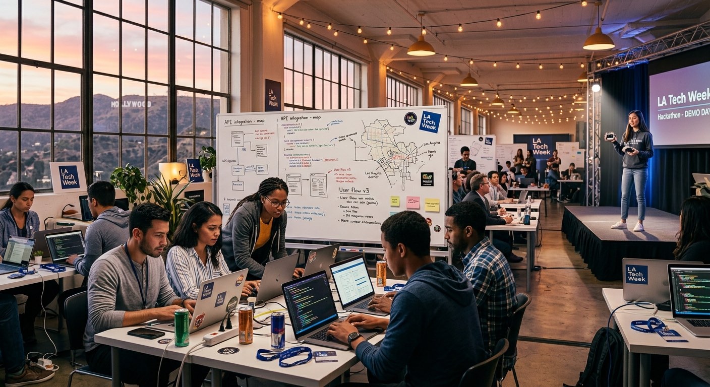 An image of a group of tech people at a brainstorming session with whiteboards and laptops