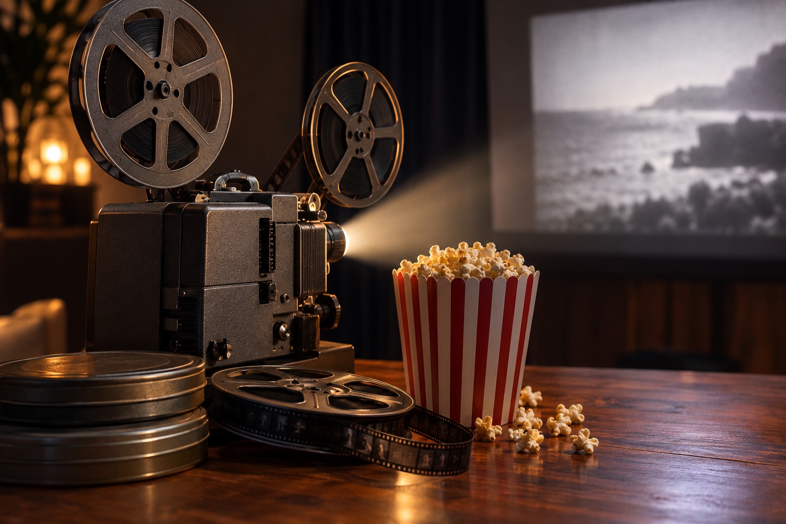 An image of 8mm film, a projector, and popcorn.