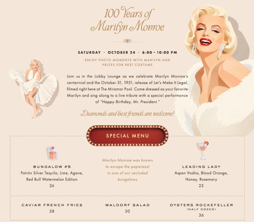 An image of the flyer for Marilyn Monroe Centennial Celebration at the Fairmont Miramar Hotel & Bungalows