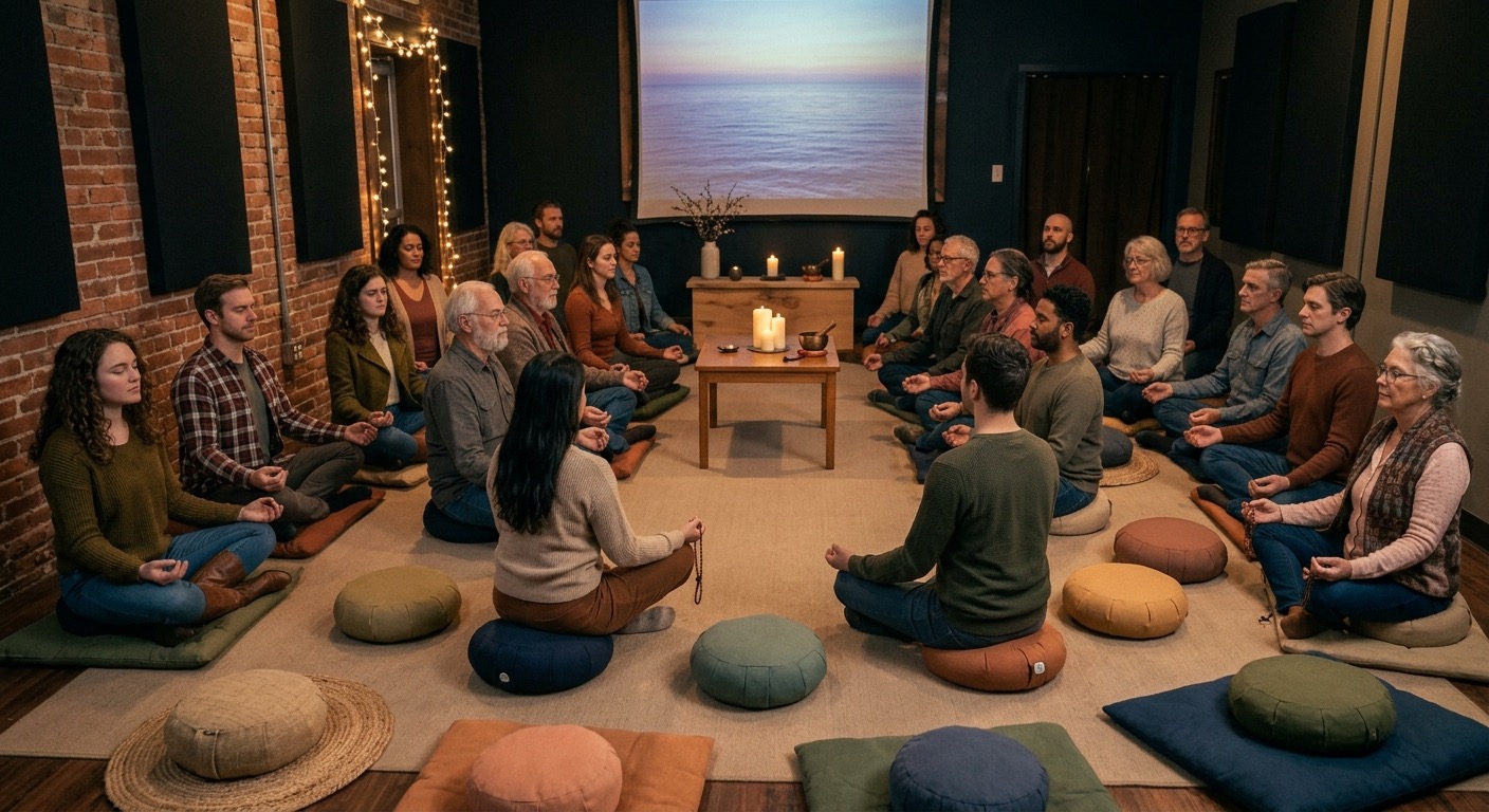 AN image of a group of people meditating.