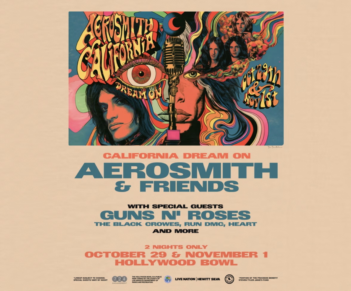 An image of the flyer for Aerosmith & Friends (Guns N' Roses, The Black Crowes, & More) Come to the Hollywood Bowl