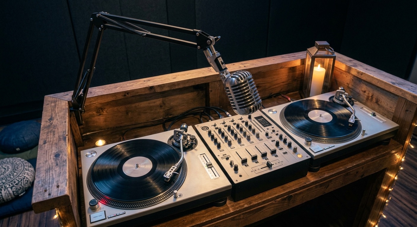 An image of a microphone and two turntables.