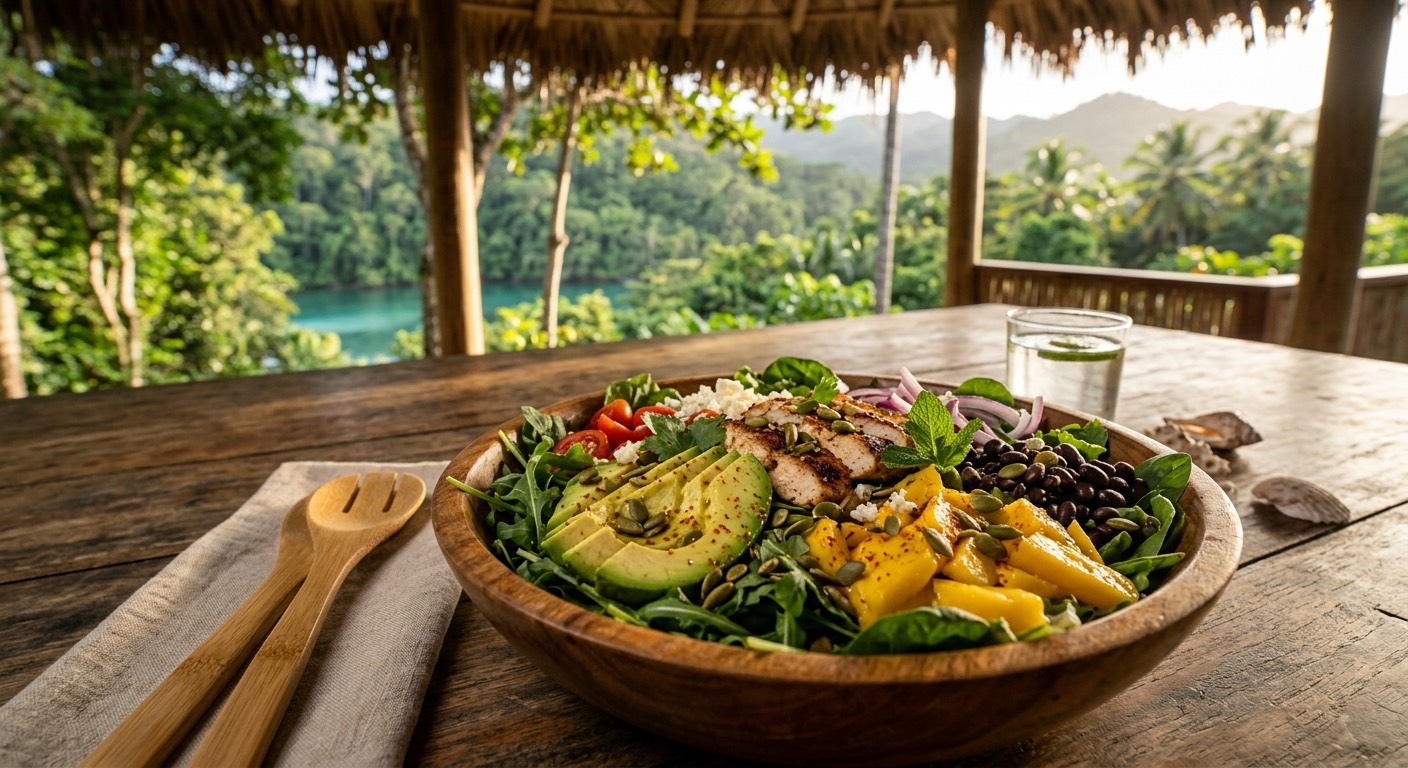 An image of a salad at a beautiful resort.