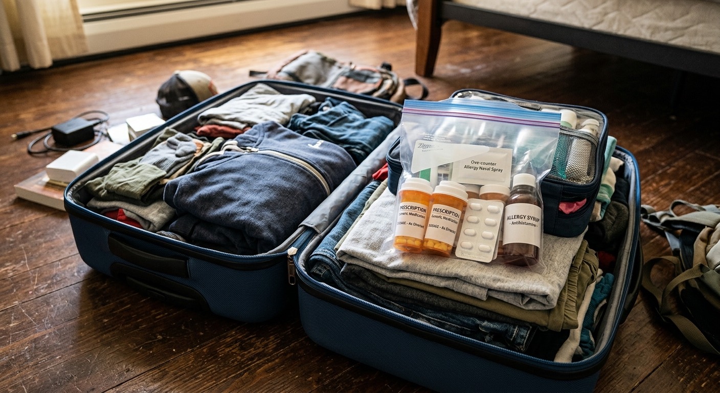 An image of a packed suitcase open on the floor.